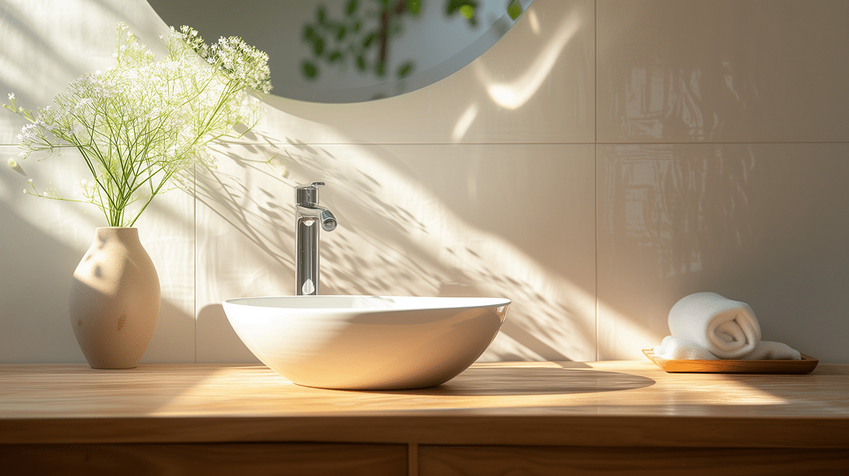 Modern bathroom sink with a vase of colorful flowers elegantly placed on top.