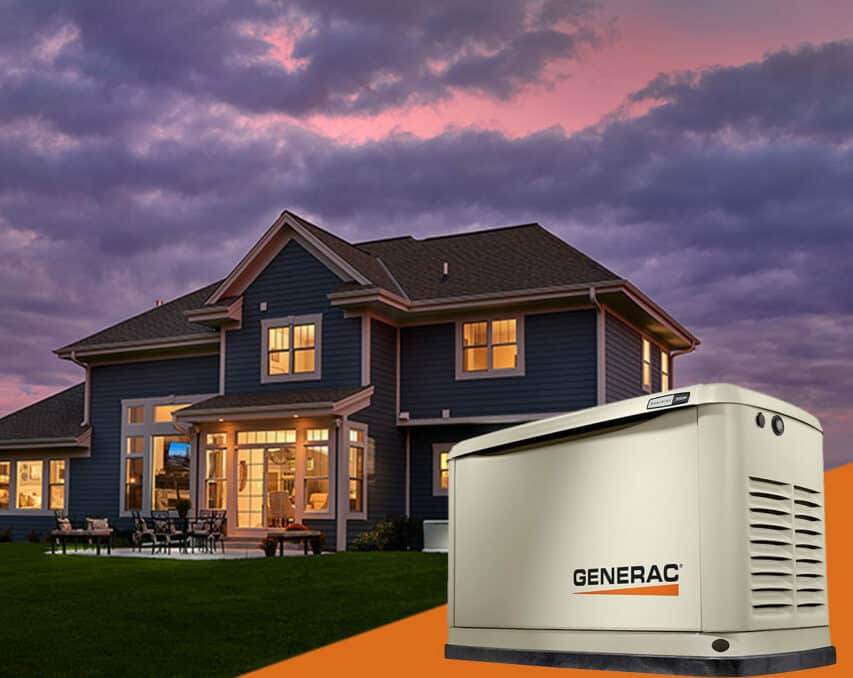 A modern house at dusk with a Generac generator in the foreground.