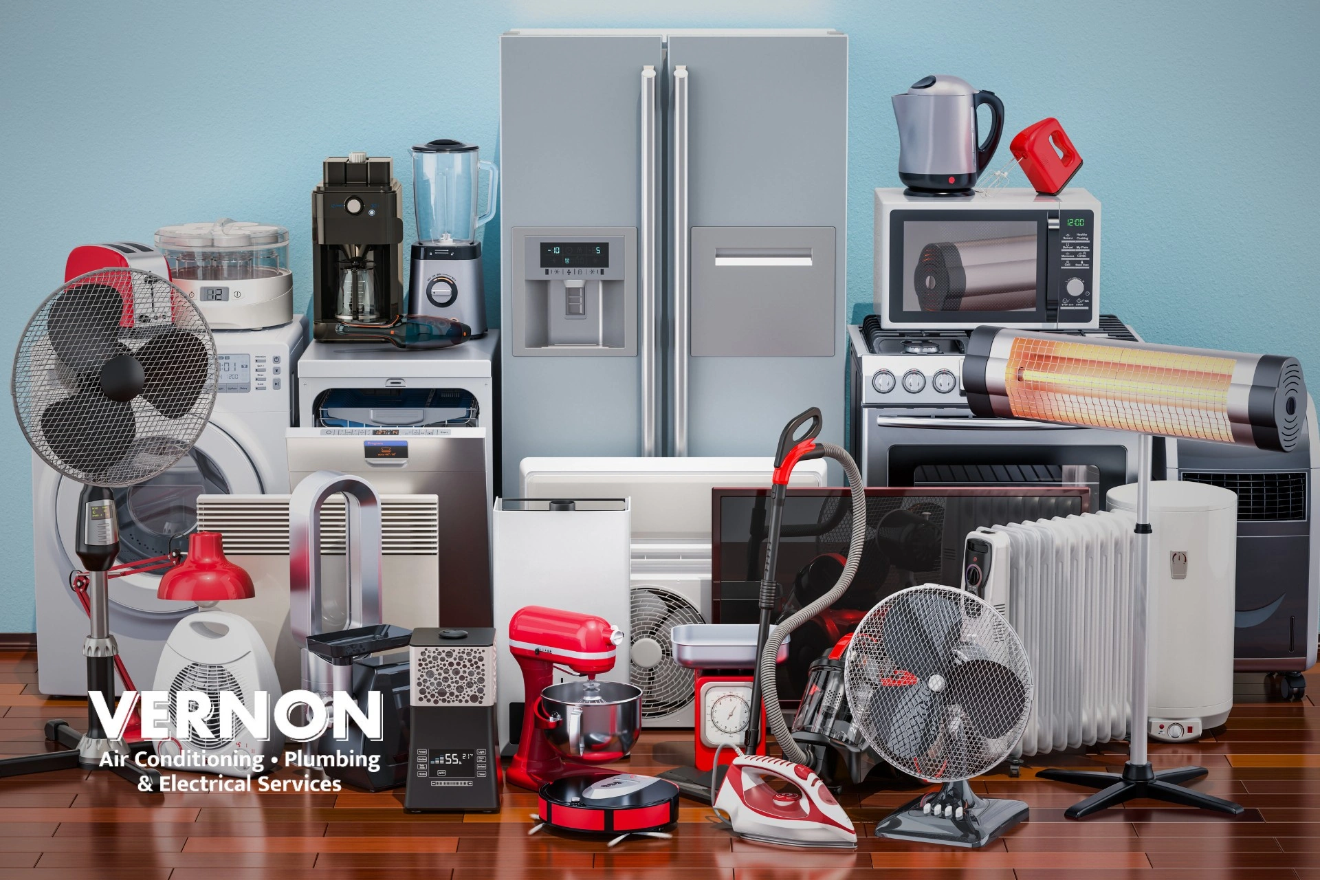large amount of home and kitchen appliances sitting in one room