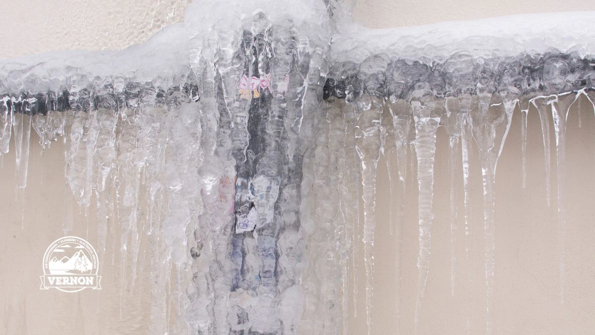 Frozen pipes completely covered in ice during winter storm