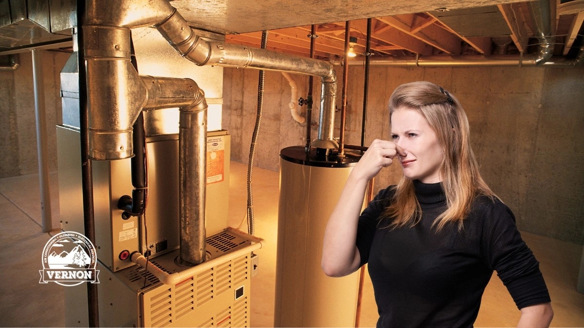 woman in furnace room holding her nose because of furnace smells